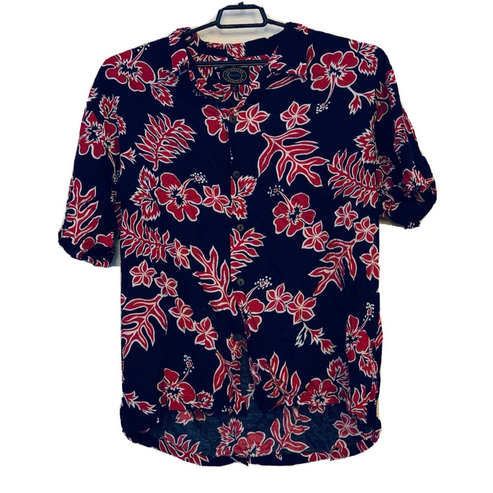 Mens Hawaiian Shirt Size XL Made in USA Hawaii Red Tropical Floral on Black GUC